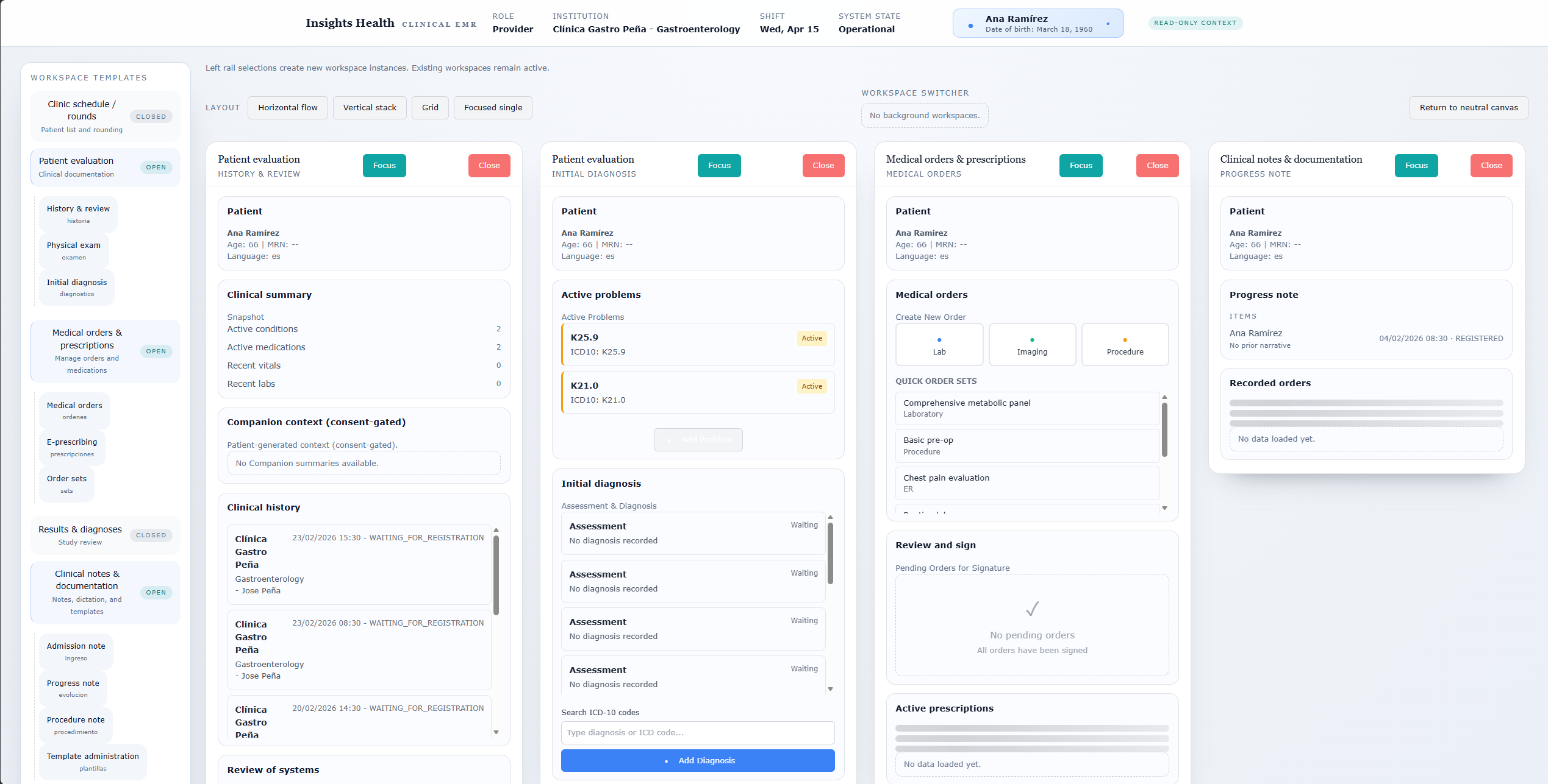 Insights Salud clinical EMR — physician workspace with evaluation, diagnosis, and prescriptions