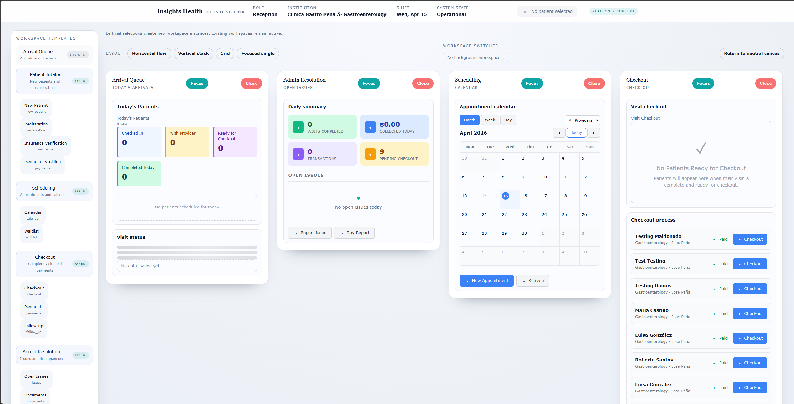 Insights Salud clinical EMR — receptionist workspace with patient intake and scheduling
